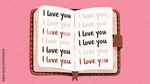 An open notebook with pages filled with the phrase i love you written in various colors and fonts symbolizing affection and devotion