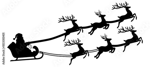 Santa Claus is flying in sleigh with Christmas reindeer. Silhouette of Santa Claus, sleigh with Christmas presents and reindeer