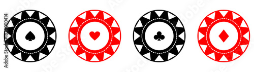 Gambling casino chips with suits. Colorful collection of casino chips with suits for gaming promotions, betting designs, and casino projects. Poker chips and coins isolated on white background. Vector
