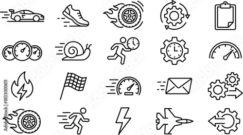 Speed, Racing, and High-Performance Icon Set Fast Acceleration, Time Management, Sports, Velocity, Finish Line, Efficiency, Turbo Power