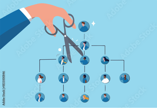 Downsizing or layoff employee, contract termination, loss job from redundancy, dismissal workforce, restructure company, unemployed or outsourcing, businessman hand cut job from organization chart