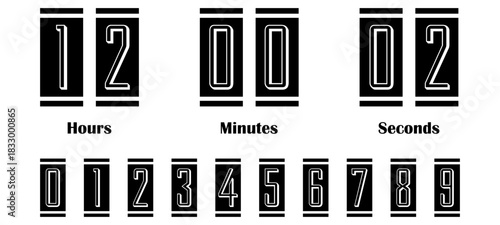 Clock countdown display in retro style. Flip clock numbers. Numbers in flip clock style with hours, minutes and seconds. Flip scoreboard template. Vector