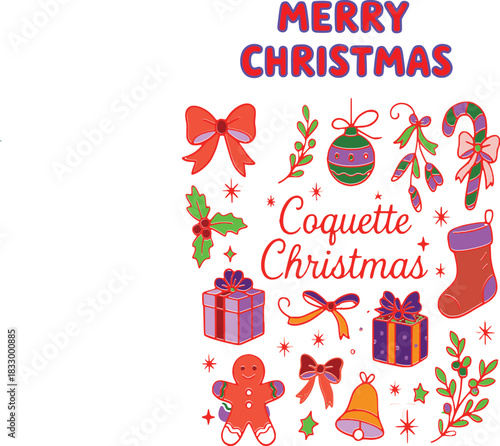 Whimsical Coquette Holiday Vector color Illustrations I  Festive Red Christmas Doodle Vector Pack 
