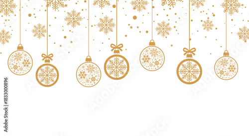 Elegant gold Christmas background with hanging baubles, snowflakes, stars and confetti on white, perfect for festive greeting cards, holiday banners, invitations and seasonal winter celebrations.