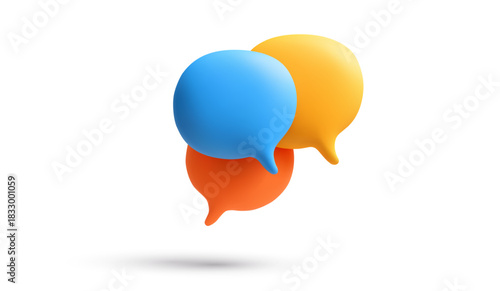 Three colorful 3d chat bubbles in blue yellow and orange floating on white background symbol of communication dialog and social media messaging. Vector illustration