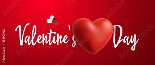 3d red heart and valentines day lettering on red gradient background romantic holiday banner design. Vector illustration