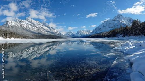 Wallpaper Mural Snow-covered mountain peaks reflected in a crystal-clear frozen lake on transparent background Torontodigital.ca