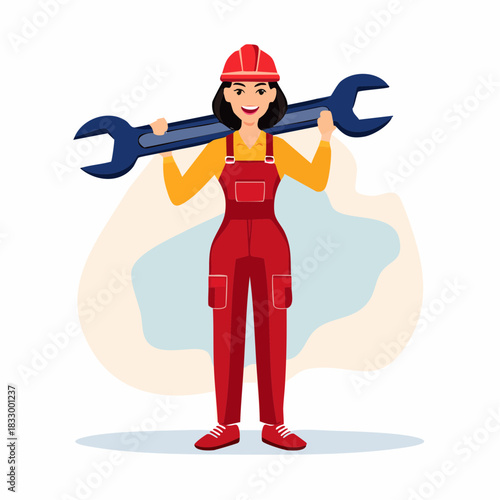 Smiling female mechanic holding large wrench over her shoulders in a bright workshop, showcasing her strength and expertise in a traditionally maledominated field.
