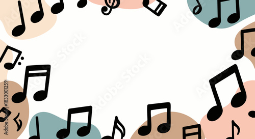 Hand Drawn Musical Notes Vector Frame with Abstract Pastel Shapes and Copy Space