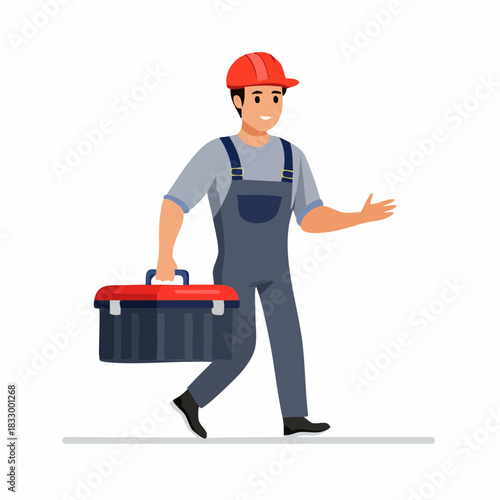 Smiling construction worker carrying toolbox walks confidently on job site, ready to fix problems with a positive and efficient attitude.