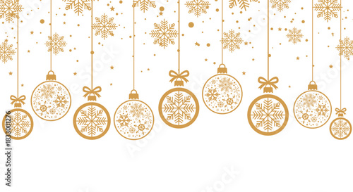 Elegant gold Christmas background with hanging baubles, snowflakes, stars and confetti on white, perfect for festive greeting cards, holiday banners, invitations and seasonal winter celebrations.