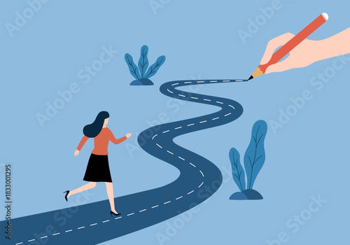 Businesswoman writing her own career path in flat design. Woman choose her own life. New opportunities.