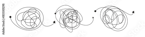 Messy arrow lines doodle. Messy tangle continuous one line drawing of chaos and confusion turning into a clear path and target.  Chaos knot line psychotherapy continuous vector illustration art.

