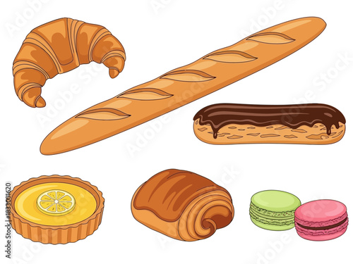 Delicious Assortment of Baked Goods Croissant, Baguette, Eclair, Tart, Roll, Macarons, Perfect for Bakery