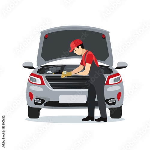 Mechanic inspecting car engine in garage wearing uniform and gloves, performing maintenance check for vehicle repair and service in automotive workshop.