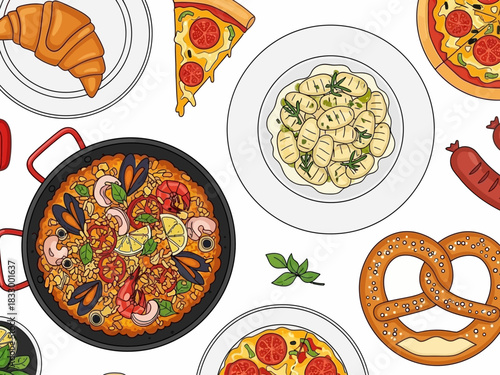 A colorful and appetizing hand-drawn pattern of various traditional European dishes, including paella, pizza, and gnocchi, viewed from above