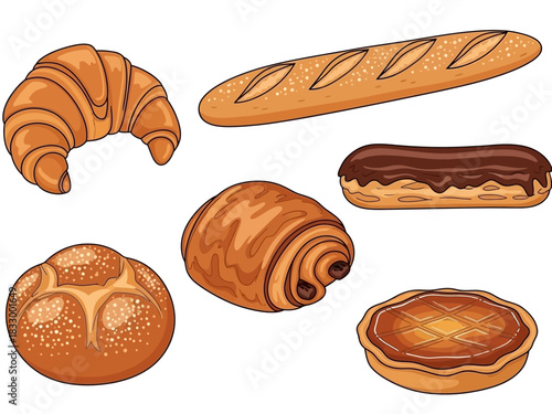 Assortment of Freshly Baked Goods Croissant, Baguette, and More