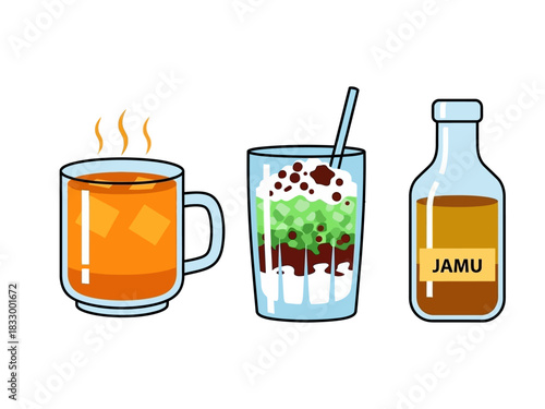Illustration of various beverages Hot tea, iced drink, and traditional jamu in a bottle