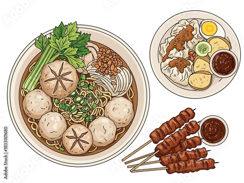 A delectable trio of traditional Indonesian street food classics, featuring savory bakso noodle soup, rich siomay dumplings, and grilled chicken satay skewers, presented from a top-down view