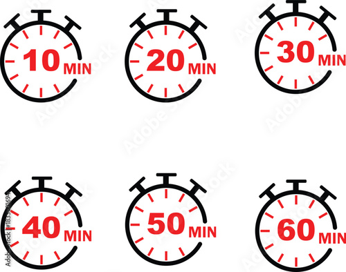 Minute Timer and Stopwatch Icons Set (10 to 60 Minutes)