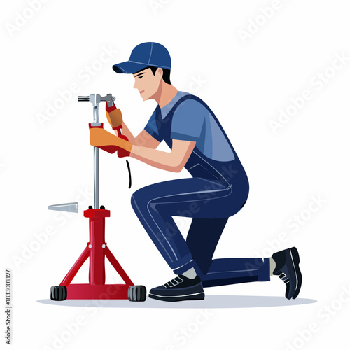 Mechanic kneels while repairing vehicle with jack in garage, focusing intently on the task with precision and expertise, highlighting the dedication and skill involved.