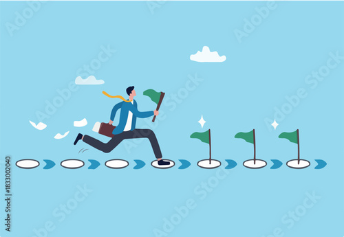 Milestone or roadmap achievement, business success journey, progress to reach goal, motivation to accomplishment, aspiration concept, businessman run to grab completed milestone success flag