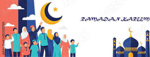 Ramadan Kareem Banner with Muslim People Looking at Crescent Moon and Mosque