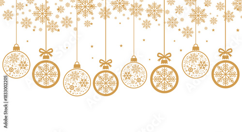 Elegant gold Christmas background with hanging baubles, snowflakes, stars and confetti on white, perfect for festive greeting cards, holiday banners, invitations and seasonal winter celebrations.