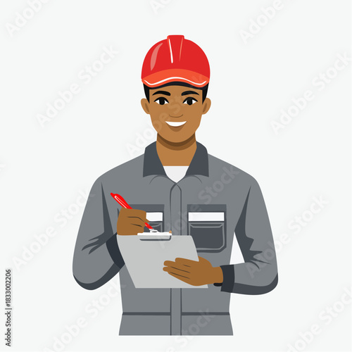 Smiling construction worker in gray uniform writing on clipboard at construction site, showcasing professionalism and attention to detail in a bright, positive manner.