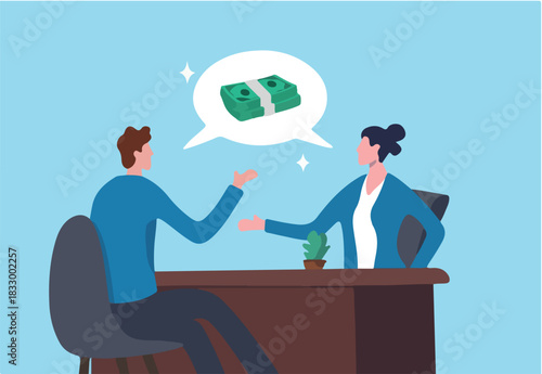 Salary negotiation, money compensation or job wage income, career performance reward, benefit or pay rate, employment incentive, job offer, business people manager negotiate salary with new employee.