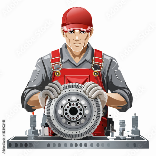 Mechanic holding car clutch plate in workshop, carefully inspecting for damage, ready to repair vehicle with precision and expertise.