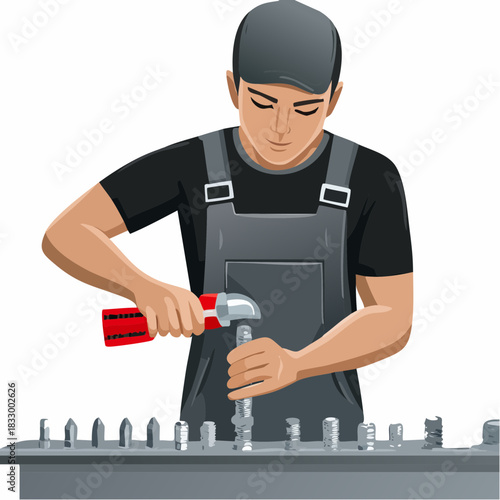 Mechanic tightening bolt with wrench in workshop using tools, demonstrating skill and precision in a professional and industrial setting.