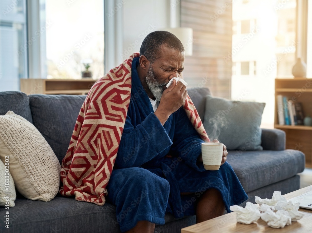 © Pavel - Middle-aged African American man sitting on a sofa, wrapped in a blanket, sneezing into a tissue and holding a hot drink, showing symptoms of illness in a cozy home setting.