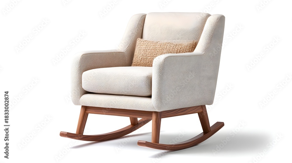 Fototapeta premium Comfortable and stylish beige upholstered rocking chair featuring a natural wood base and integrated armrests perfect for relaxing interiors