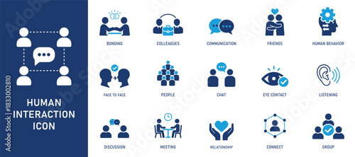 Human interaction icon set with solid vectors showing communication, connection, friendship, groups, collaboration, and social bonding for modern UI designs