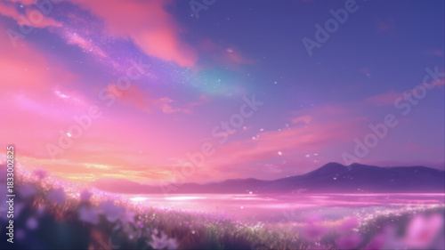ピンクと紫のグラデーションが美しい星空の下に広がる花畑と幻想的な風景イラスト