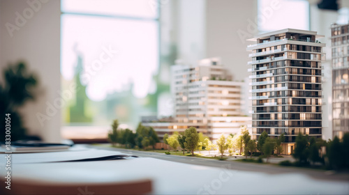 オフィスのデスクに置かれた現代的な高層マンションと緑地の精密な建築模型