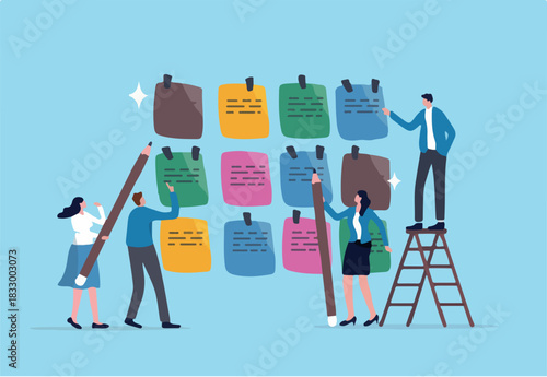 Agile scrum, sprint or idea brainstorming, teamwork planning development meeting, team meeting workflow or improvement feedback, business people team brainstorm and discuss on sticky notes.