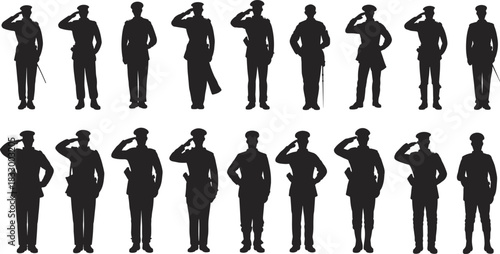 Silhouettes of military officers saluting in formal uniform, standing in various poses, representing honor, discipline, respect, leadership, and armed forces tradition