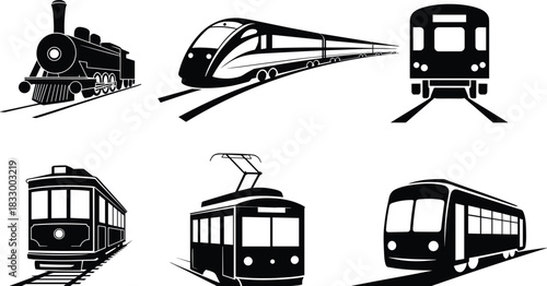 Collection of vintage and modern train silhouettes including locomotive, high-speed train, metro, tram, and railway transport icons for design projects