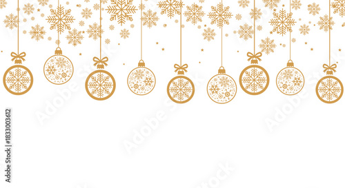 Elegant gold Christmas background with hanging baubles, snowflakes, stars and confetti on white, perfect for festive greeting cards, holiday banners, invitations and seasonal winter celebrations.