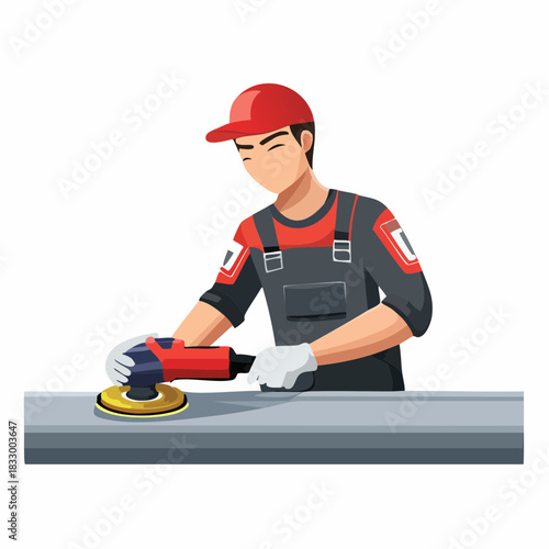 Craftsman polishing metal surface in workshop with electric sander, wearing overalls and cap, showcasing precision and skill in industrial setting.