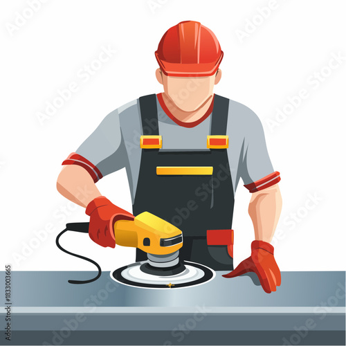 Construction worker smoothing metal surface with power tool in industrial setting, showcasing precision and expertise in metalworking, conveying a sense of skilled craftsmanship.