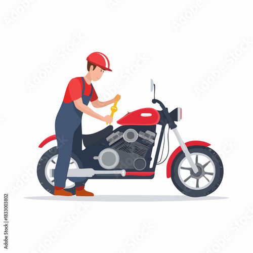 Mechanic repairing red motorcycle in garage with wrench, ensuring smooth ride and optimal performance, showcasing expertise and dedication to vehicle maintenance.