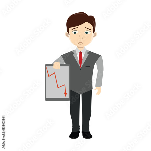 Sad businessman holding a tablet showing a downward graph arrow