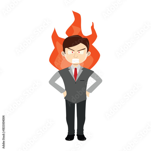 Furious businessman with flames in the background, shouting in rage
