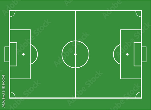 Detailed green vector illustration of a soccer field layout showing center circle, midfield line, penalty areas, goal boxes, corner arcs, and field markings in a clean top-down view