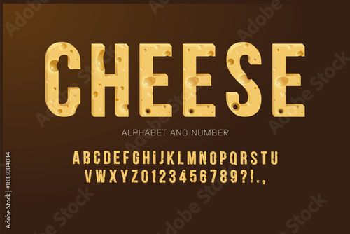 Cheese Alphabet Font Set. Realistic Swiss Cheese Letters and Numbers with Big Holes, Tasty Yellow Dairy Typography for Food Design, Menu, Packaging and Creative Gourmet Projects
