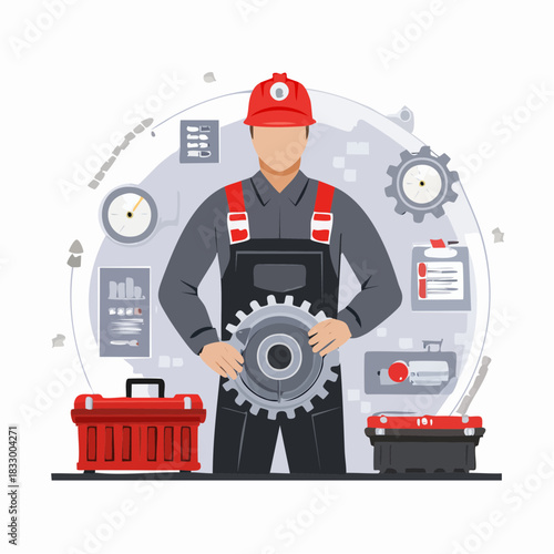Mechanic holding large gear in workshop surrounded by tools and gauges, showcasing expertise and precision in a modern industrial setting.