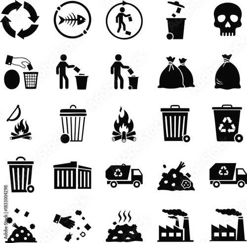 Collection of waste and pollution vector icons in silhouette style